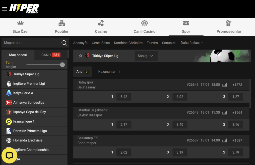 Hipercasino spor bahislerinin önizlemesi
